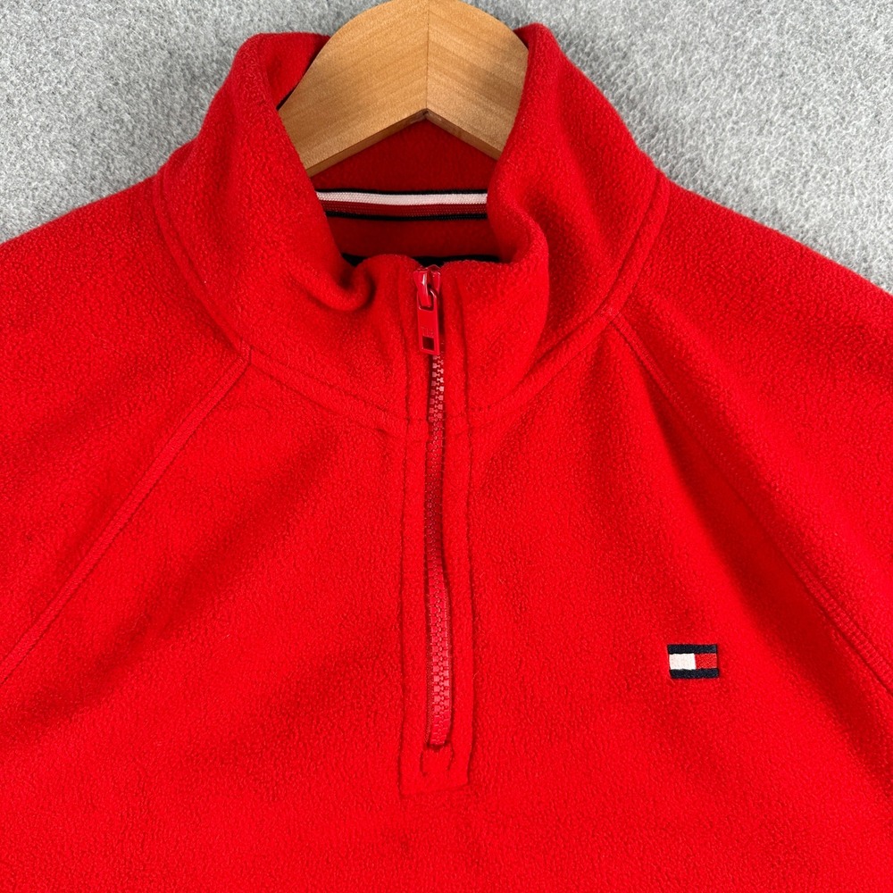Tommy Hilfiger Fleece Pullover Mens Large Red 1/4 Zip Mock Neck Logo